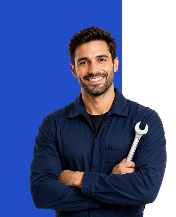 friendly automotive technician holding wrench portrait