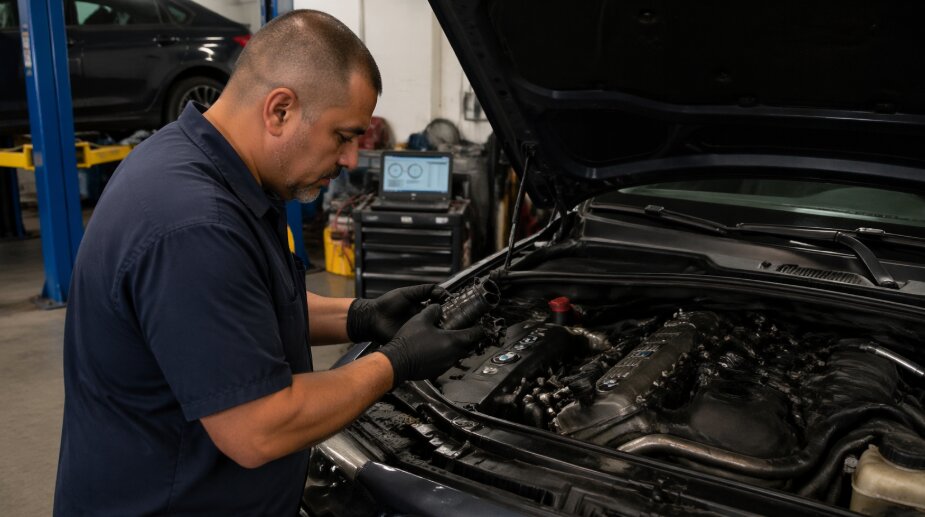 A mechanic inspects an engine component inside Ruben’s Auto Repair, focusing on the BMW electric water pump for signs of failure.
