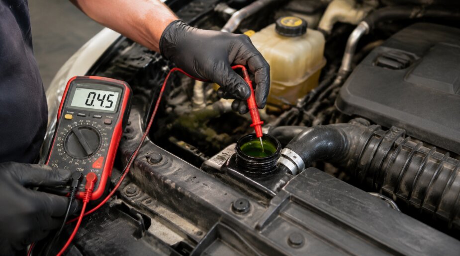 Mechanic testing coolant pH and electrolysis in a car radiator using a multimeter, showing green coolant and engine components.