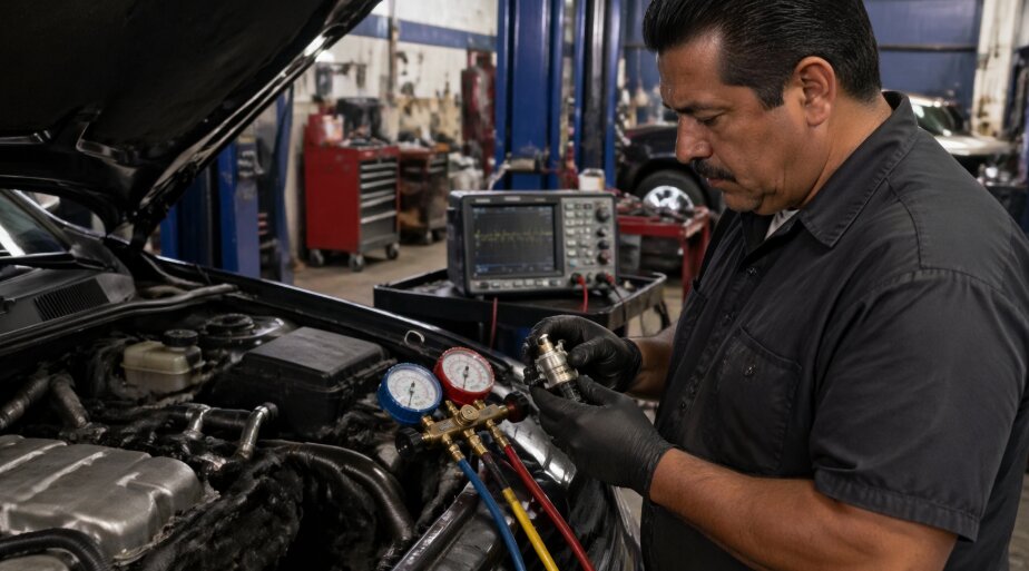 Close-up view of a car's engine showing a variable displacement compressor, diagnostic tools, and a digital oscilloscope, highlighting the process of diagnosing AC issues in San Antonio