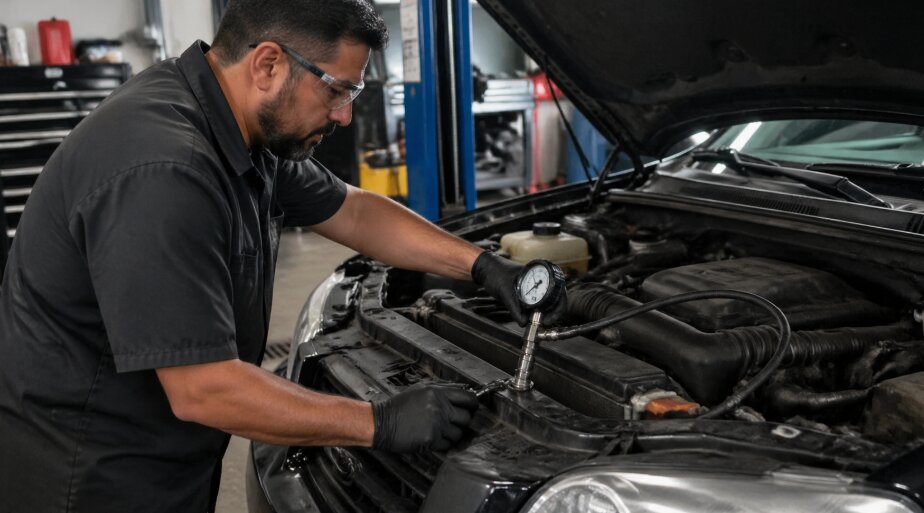 A mechanic inside Ruben's Auto Repair conducting a pressure test on a vehicle's cooling system before a weekend road trip on I-10.