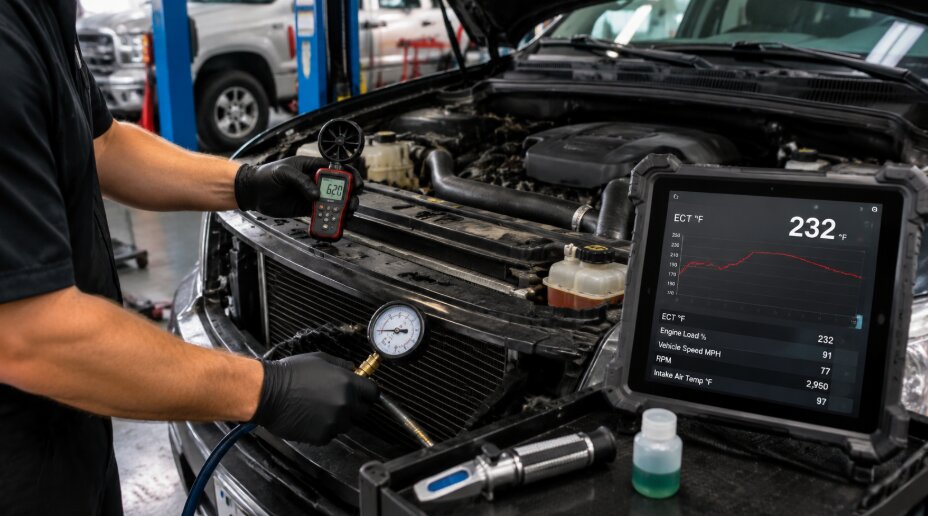 Mechanic testing a car’s cooling system in Ruben's Auto Repair using a pressure gauge, anemometer, and tablet showing engine temperature data.