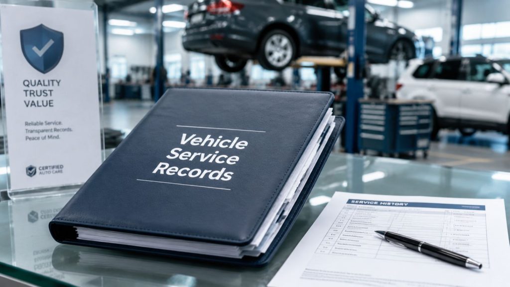 A neat folder labeled "Vehicle Service Records" resting on a clean glass desk, with the professional, out-of-focus service bays of Ruben's Auto Repair visible in the background, symbolizing maintenance transparency.