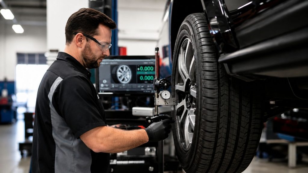 A professional automotive technician using advanced digital diagnostic tools to precisely test a vehicle's suspension and wheel assembly in a modern repair shop.