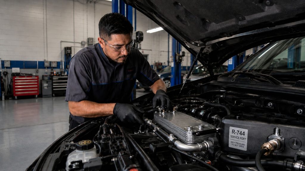 Automotive technician inspecting a high-pressure R-744 CO2 refrigerant system under the hood of a vehicle in a professional San Antonio auto repair shop.