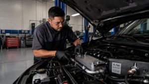 Automotive technician inspecting a high-pressure R-744 CO2 refrigerant system under the hood of a vehicle in a professional San Antonio auto repair shop.