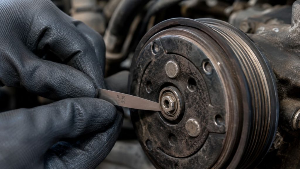 A detailed close-up photograph showing a mechanic using a thin metal feeler gauge to precisely measure the magnetic air gap between the AC compressor clutch hub and the pulley on an older vehicle, demonstrating the low-cost diagnostic check that saves students from unnecessary full compressor replacement.