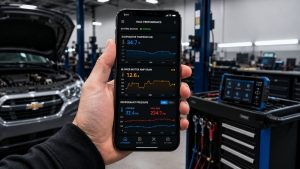 A technician holding a smartphone in an auto repair shop, displaying a digital HVAC dashboard with real-time graphs for evaporator temperature, blower motor amp draw, and refrigerant pressure.