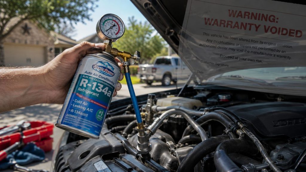 A close-up of a DIY automotive AC refrigerant recharge can with a pressure gauge attached in a sunny San Antonio driveway, featuring a subtle overlay graphic warning of a voided vehicle warranty.