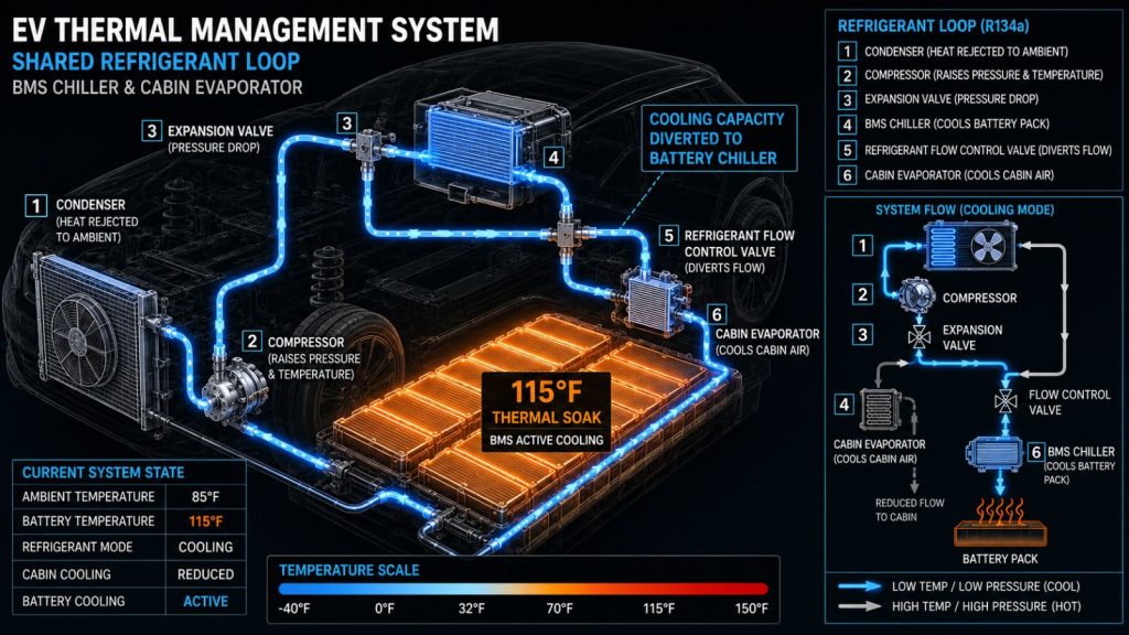 Technical X-ray illustration of an EV refrigerant loop showing a glowing amber BMS battery chiller drawing cooling capacity away from the blue-lined cabin evaporator during a thermal soak event.