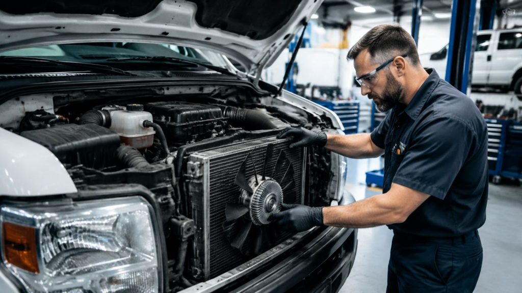 Professional mechanic performing a detailed diagnostic inspection on a commercial delivery van engine bay to check the fan clutch and cooling system performance at Ruben's Auto Repair.