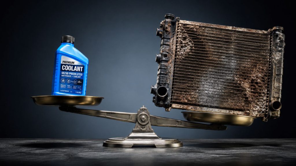A comparison of clean automotive coolant in a glass beaker versus a corroded, damaged radiator component on a scale, symbolizing the financial decision between preventative maintenance and costly repairs for Helotes drivers.