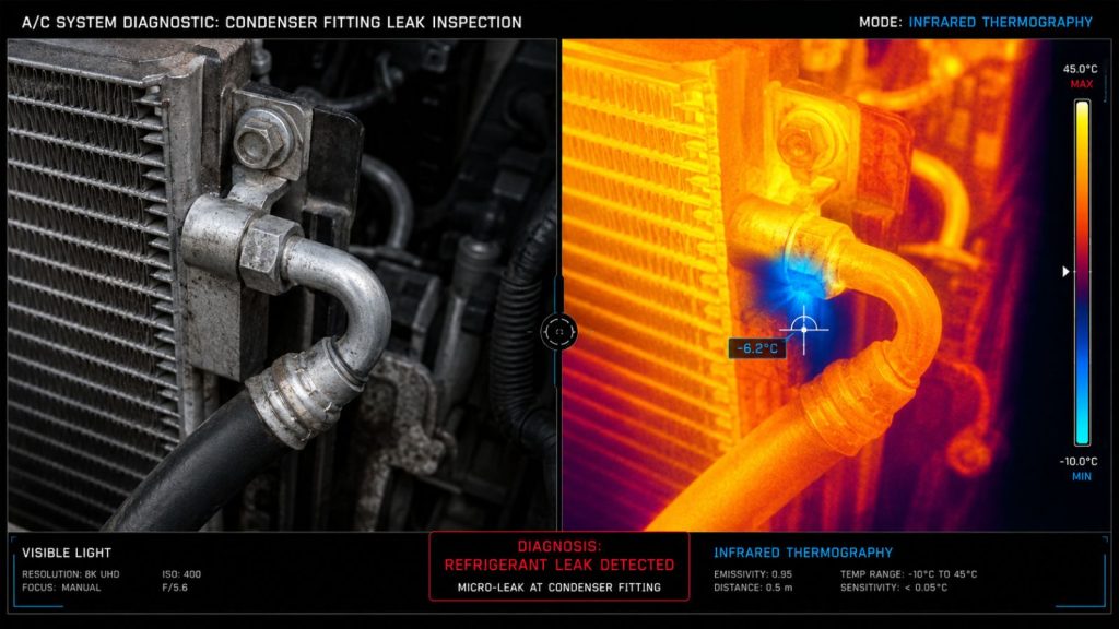 Split-screen comparison of an automotive HVAC condenser fitting, showing a standard visual view alongside an infrared thermal image revealing a bright blue cold spot indicating a refrigerant micro-leak.