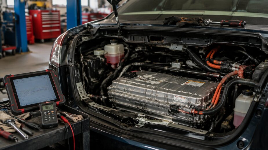 Close-up view of a hybrid vehicle’s high-voltage battery compartment inside Ruben's Auto Repair, showing diagnostic tools and liquid cooling components.