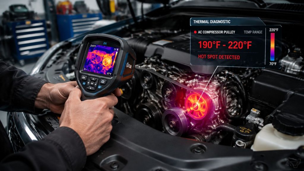 A technician using an infrared thermal imaging gun to diagnose an overheating AC compressor pulley in an engine bay, highlighting a heat spot on the serpentine belt.