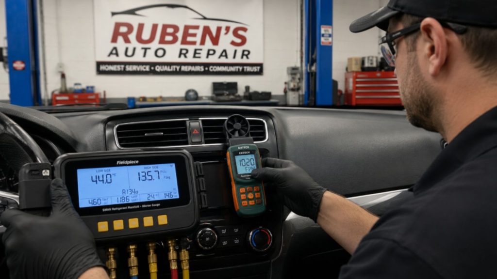Auto technician using an anemometer to measure high airflow velocity (1,020 FPM) and a 44°F discharge temperature, confirming the successful fix for short-trip AC cabin pull-down speed in a Leon Valley vehicle.