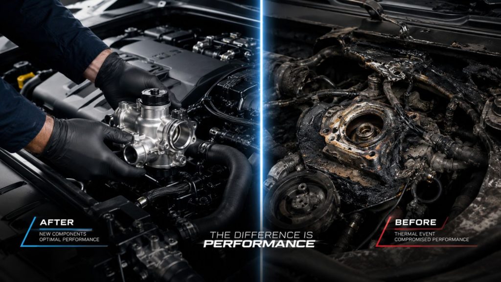 Split-view comparison of a clean engine bay undergoing proactive water pump maintenance versus a damaged, overheated engine, demonstrating the preventative repair approach for Euro vehicles in San Antonio.