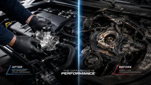 Split-view comparison of a clean engine bay undergoing proactive water pump maintenance versus a damaged, overheated engine, demonstrating the preventative repair approach for Euro vehicles in San Antonio.