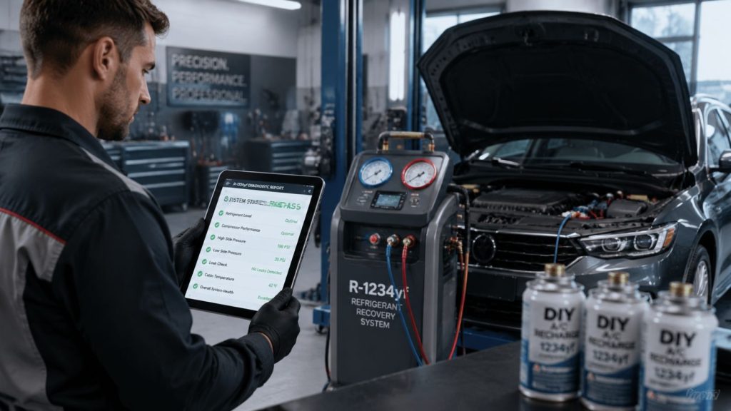 A mechanic at a professional auto repair shop reviews a digital diagnostic report on a tablet, with the car's hood open and professional refrigerant recovery equipment in the background, while empty DIY refrigerant cans sit out of focus on a nearby workbench.