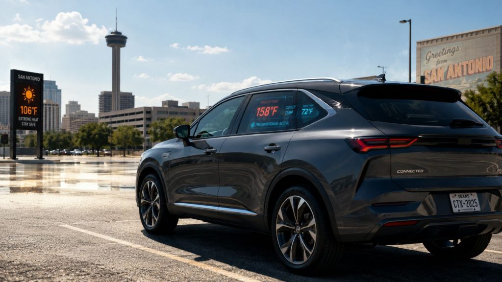 Modern connected vehicle parked in extreme San Antonio summer heat showing heat shimmer on asphalt, with digital data overlay contrasting the 158°F interior heat soak versus cabin cooling performance.