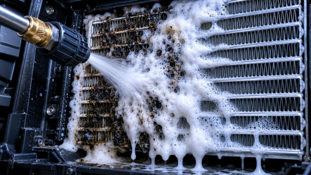 A close-up of a professional auto repair technician injecting specialized bio-enzymatic foaming cleaner directly onto a vehicle's evaporator core fins through a pressurized wand to eliminate deep-seated mildew and organic odors.