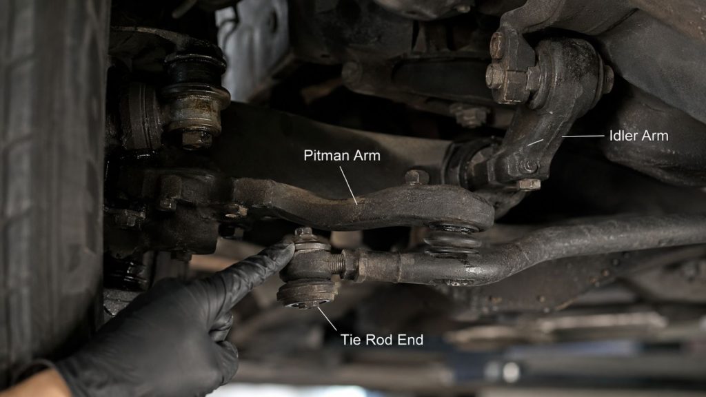 A professional mechanic's gloved hand performing a diagnostic inspection on the undercarriage steering linkage components of a vehicle, identifying wear and play.