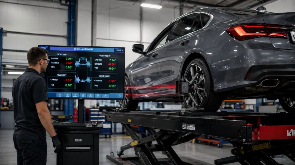 Professional mechanic using a computerized four-wheel alignment rack at Ruben's Auto Repair in San Antonio to diagnose steering wheel misalignment and geometry drift.