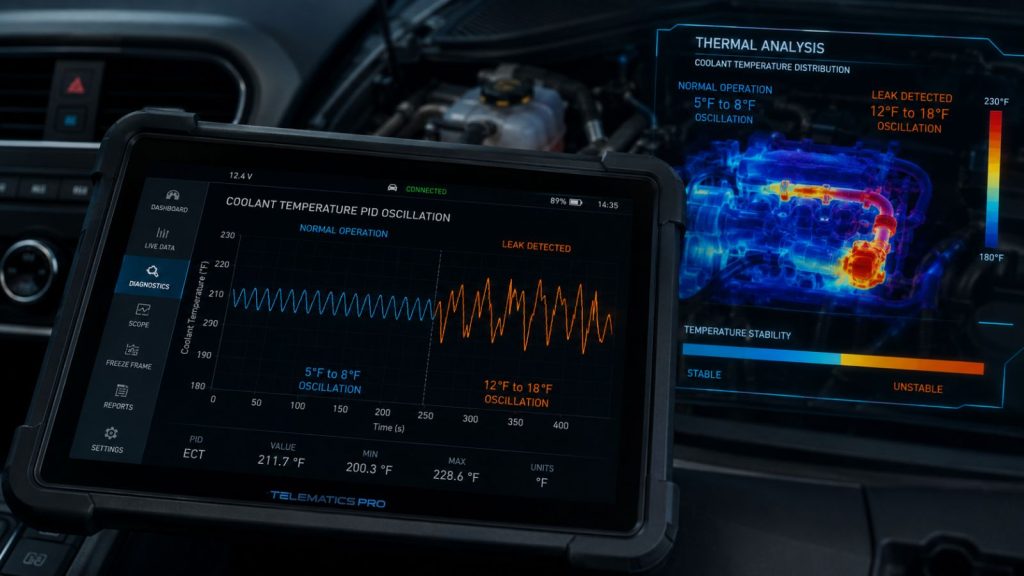 Digital tablet and vehicle dashboard displaying an erratic coolant temperature PID oscillation graph indicating an early-stage coolant leak.