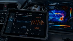 Digital tablet and vehicle dashboard displaying an erratic coolant temperature PID oscillation graph indicating an early-stage coolant leak.
