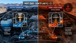 A split-screen technical diagram of a vehicle thermostat. On the left, a healthy thermostat glows with cool blue light, representing safe, stabilized operating temperatures. On the right, a fused, stuck-closed thermostat glows with intense, dangerous orange heat, illustrating the critical engine overheating risk that can cause cylinder head warping.
