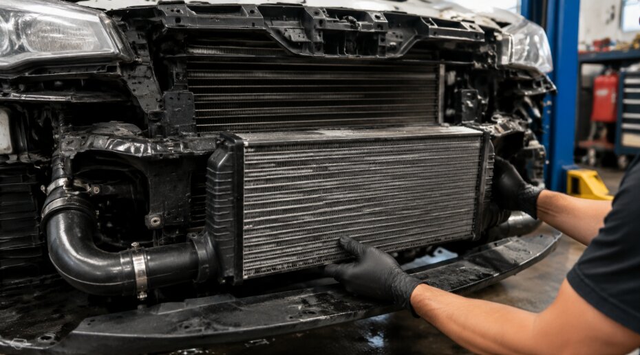 Mechanic installing a car intercooler in Ruben's Auto Repair, showing heat exchanger, pipes, and workshop tools.
