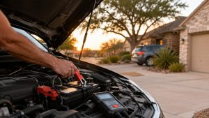 Car battery being tested in a San Antonio driveway after draining overnight from repeated short trips