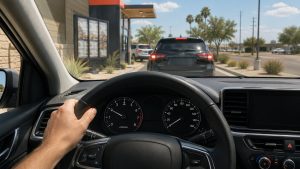 Driver waiting in San Antonio drive-thru line as car surges at idle in hot weather