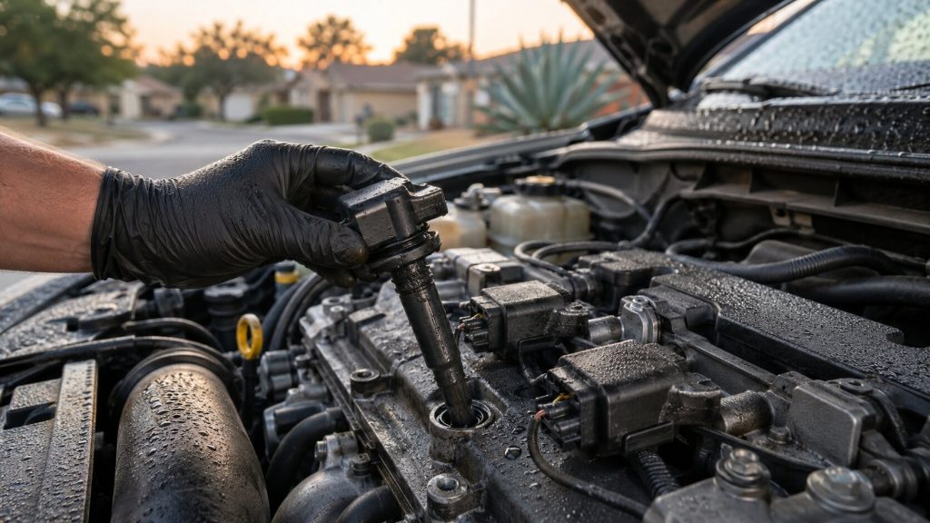 Mechanic inspecting wet ignition coil and spark plug boot after humid morning engine misfire in San Antonio