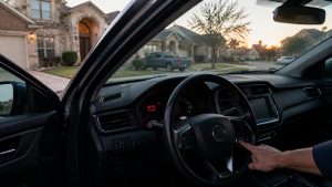 Driver pressing start button with battery warning light after overnight battery drain from short San Antonio trips