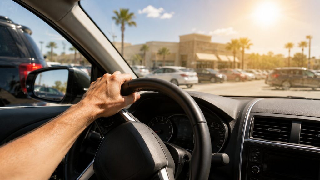 Driver gripping steering wheel in a hot San Antonio parking lot as power steering assist cuts out during low-speed maneuvering