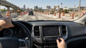 Driver adjusting radio as it cuts out while driving through San Antonio construction zone