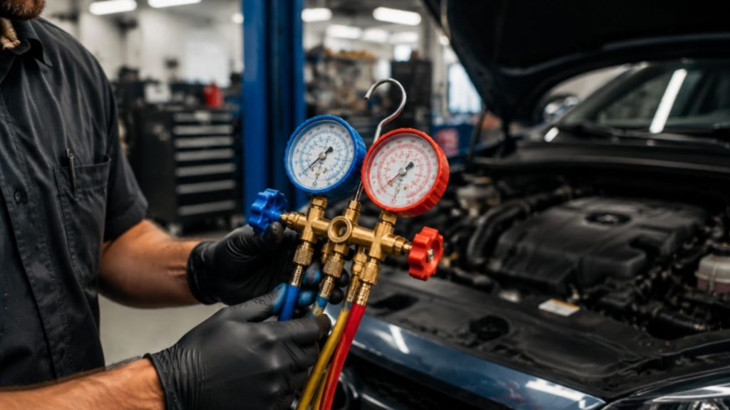 Professional mechanic using a manifold gauge set to diagnose car AC compressor pressure.