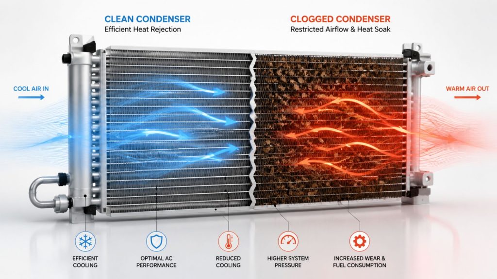 3D technical cross-section of an automotive AC condenser, illustrating the difference between efficient airflow shown with blue cooling gradients and restricted airflow due to debris buildup shown with red heat-soak gradients.