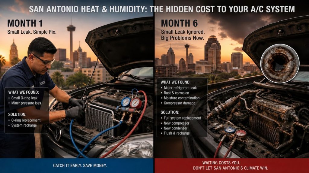 Split-screen infographic comparing the affordable cost of repairing a car AC leak in Month 1 versus the high cost of a complex repair in Month 6 due to San Antonio humidity.