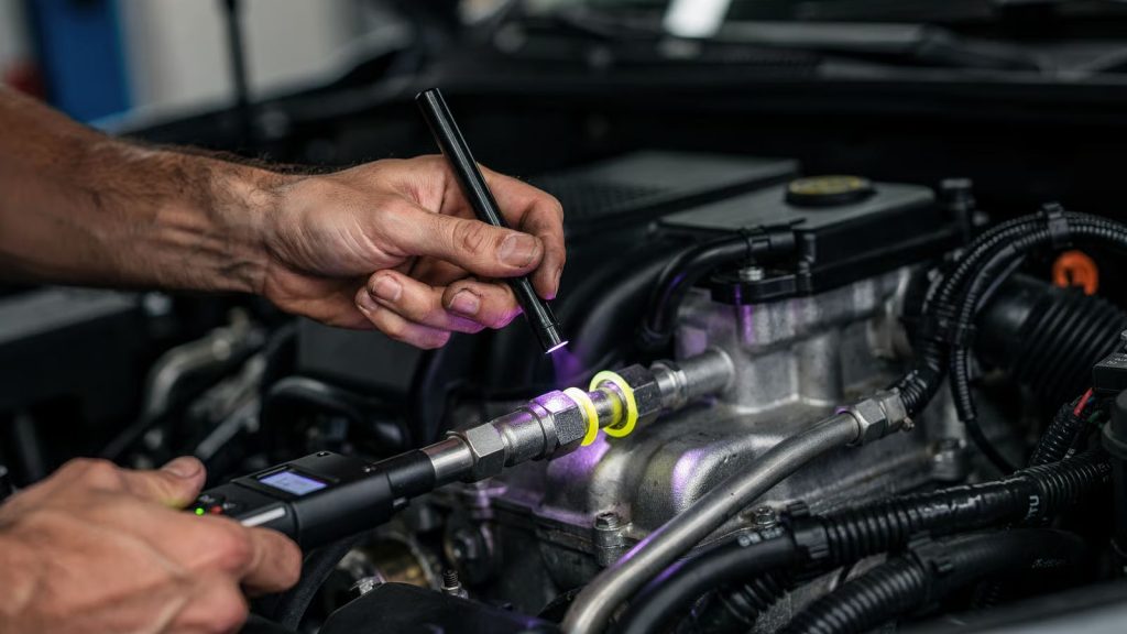 A professional mechanic uses a UV light and electronic leak detection tool to pinpoint the source of refrigerant seepage on an automotive AC fitting.