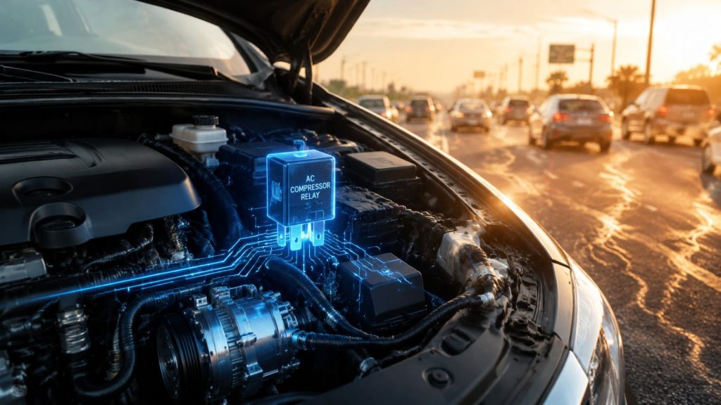 An automotive illustration of a car engine bay under intense summer heat, highlighting a glowing blue AC compressor relay to represent thermal stress and electrical failure during stop-and-go traffic.