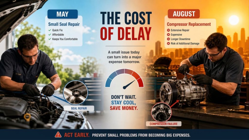 A split-screen comparison showing a minor AC seal repair on the left labeled "May" and a major compressor replacement on the right labeled "August," illustrating how delaying car AC repairs leads to increased costs.
