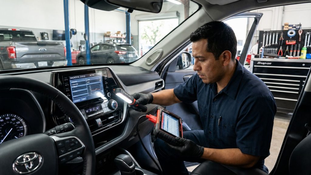 A technician at Ruben's in San Antonio carefully inspecting a vehicle's dashboard vents and diagnostic equipment to evaluate air conditioning performance for a pre-sale repair estimate.