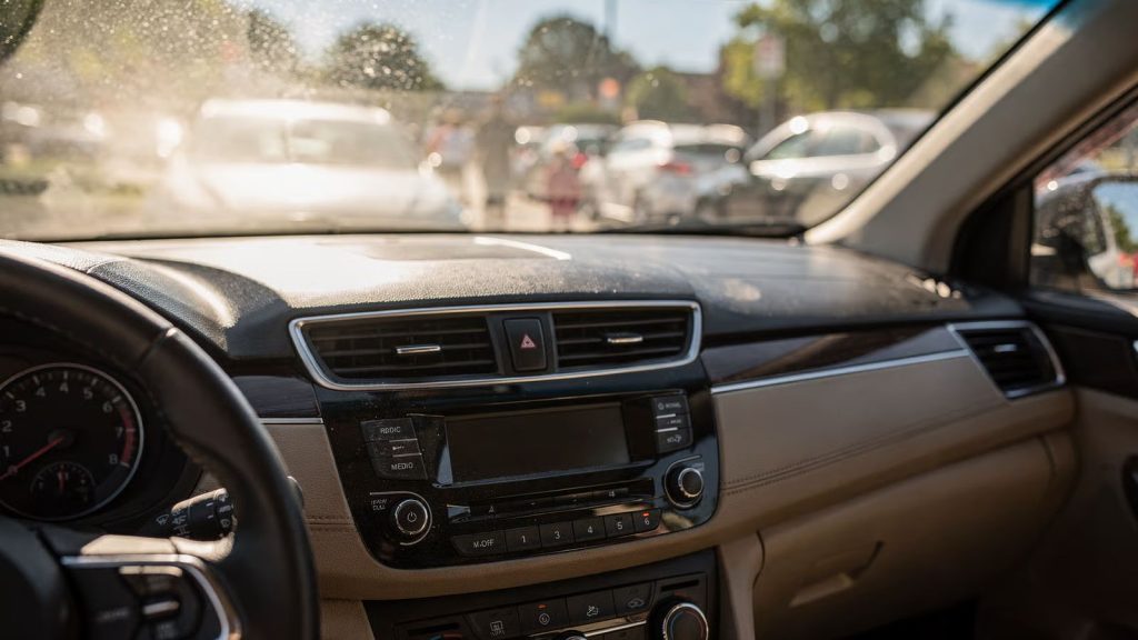 View from the driver's seat looking out at a school pickup line on a hot day, featuring the dashboard and AC controls in the foreground with a shimmering heat haze visible over the idling cars ahead.