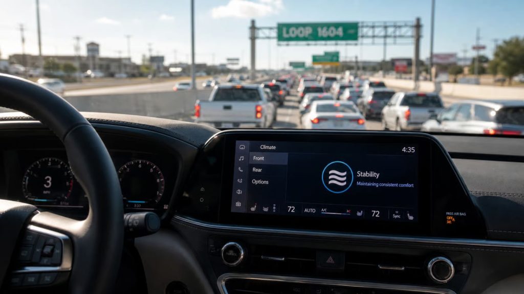 Inside view of a car cabin showing a modern digital climate control dashboard with a stability indicator, looking out at congested highway traffic on Loop 1604.