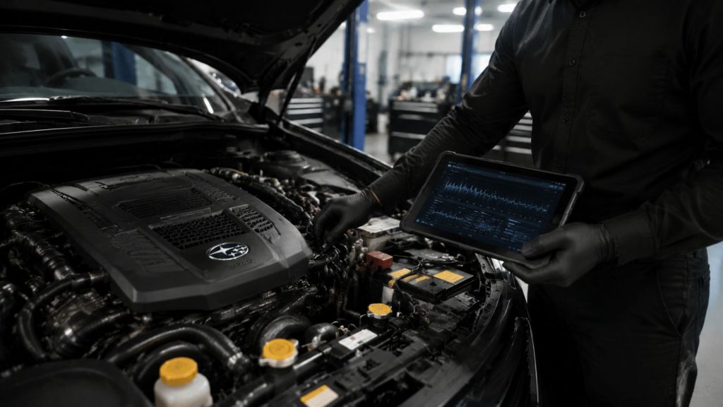 A technician inspects an engine while using a diagnostic tablet displaying data overlays.