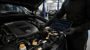 A technician inspects an engine while using a diagnostic tablet displaying data overlays.