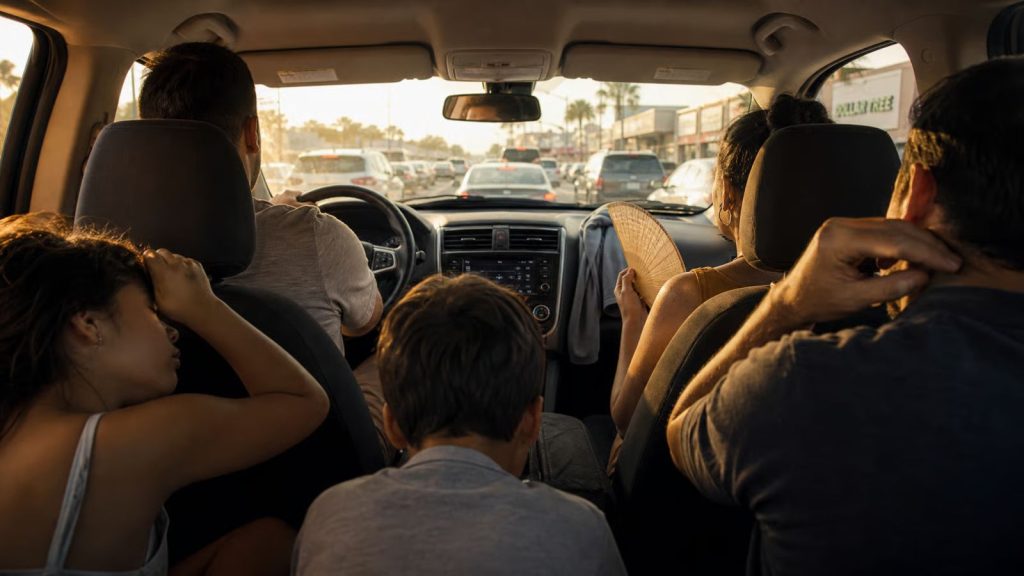 Interior view from the backseat of a crowded car in stop-and-go traffic, highlighting uneven air conditioning airflow from dashboard vents on a hot day.