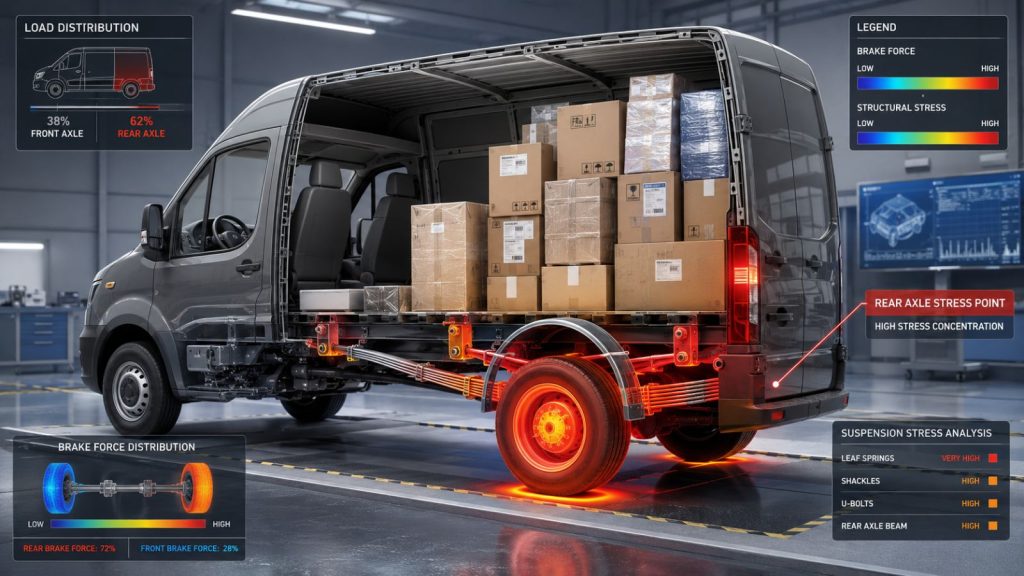 Technical 3D cutaway illustration of a delivery cargo van showing rear-heavy cargo distribution, with heat-map overlays highlighting brake force stress points and structural tension on the rear axle and leaf springs.